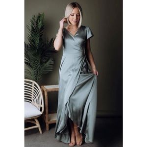 NWT Baltic Born Krystal Satin Wrap Gown, Eucalyptus Green